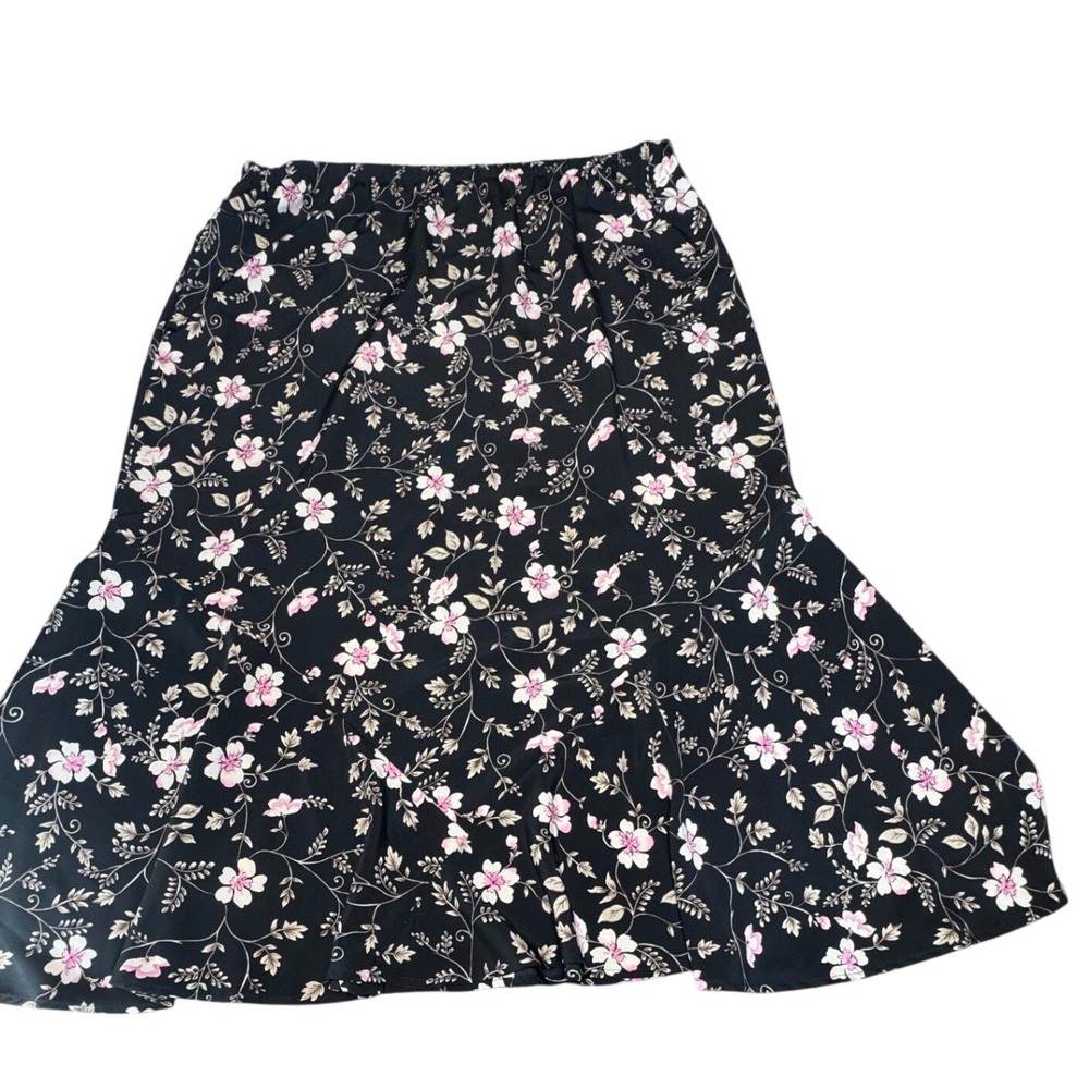 Black Pink Floral Skirt Womens XL Midi Skirt